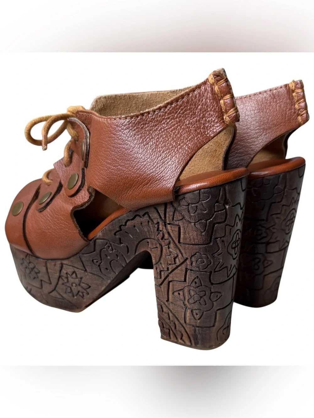Free People Platform Clog Heels Womens 38 7.5 Brown Leather Wood Farrah Lace Up